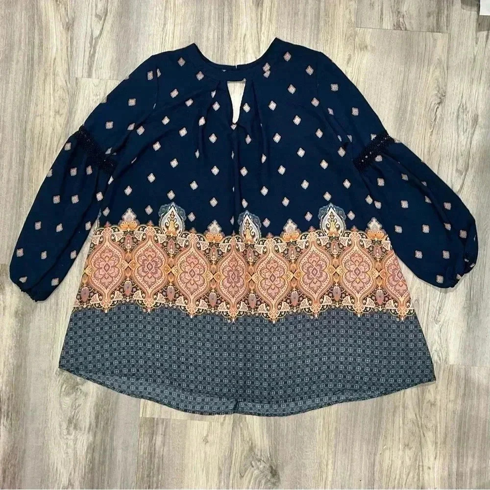 Hint of Mint 3/4 Sleeve Navy Paisley Tunic Top Flowy Boho Hippie Dress Size XL